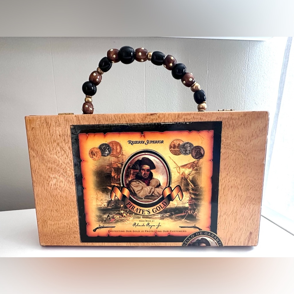 Handcrafted Cigar Box Purse with Beaded Handle - Brass Hardware